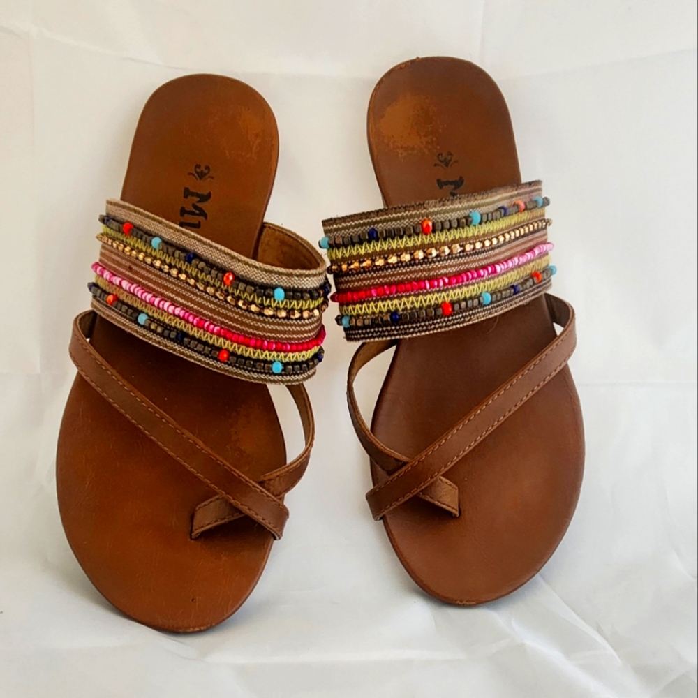 Mudd Cross Toed Sandals with Beaded and Sequined Design